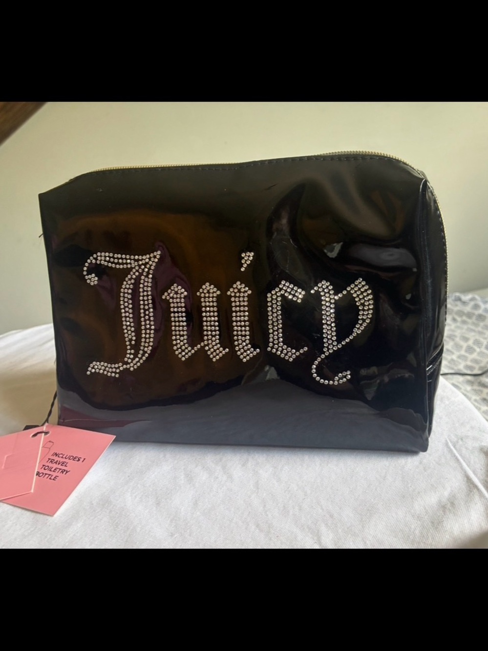 Juicy Couture Black Patent Cosmetic Pouch with Rhinestone 'Juicy' Logo